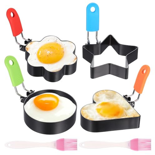 4 Piezas Molde para Huevos, Moldes para Huevos Fritos en Sartén, Moldes para Pancakes, Molde de Acero Inoxidable para Omelettes, Molde Antiadherente para Huevos con Mango + 2 Pinceles para Aceite