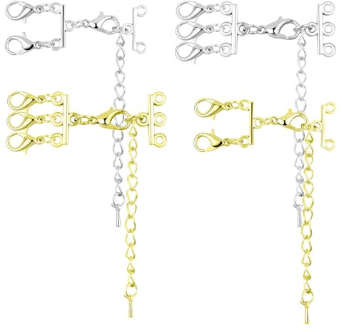 xolear 4 stycken kedjor lager lås, dubbel och trippel band halsbandsavskiljare förbindelse flersträngad förlängare, för halsband armband kedjor smyckestillverkning stapelbara, guld silver