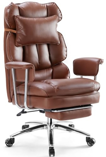 Sweetcrispy Executive Home Office Desk Chair - Ergonomic Big Tall High Back with Footrest & Lumbar Support, Reclining Height Adjustable, Comfy PU Leather Computer Gaming with Swivel Wheels, Brown