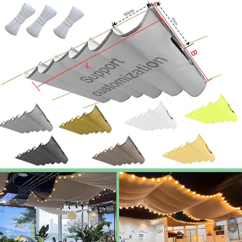 Kött, infällbart vågigt solsegel, justerbart skuggskydd, solskydd, vattentät, utomhus, pergola, UV-resistent markis, passar på terrass, trädgård, 90 x 300 cm (B x L) – ljusgrå