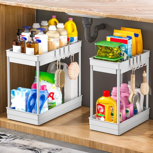 PurKeep 2 Pack Under Sink Storage - 2 Tier Kitchen Storage and Organisation Cupboard Organiser, Under Sink Shelf, Under Cabinet Organizer with Hooks, for Bathroom Kitchen Countertop, 1L+1M, White