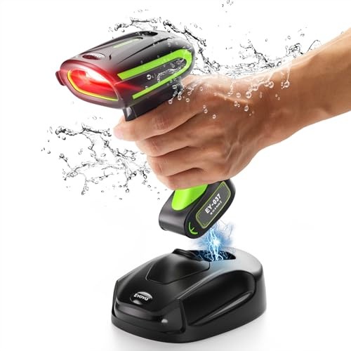 Eyoyo 2D QR Industrial Barcode Scanner with Wireless Charging Stand, Rugged Heavy Duty & IP65 Waterproof 3-in-1 Bluetooth & Wireless & USB Hands-Free Barcode Reader for Laptop Desktop Tablet Android