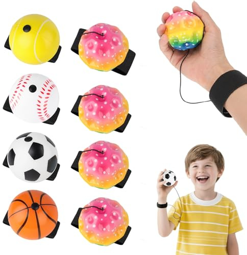 Rebound Wrist Ball - 8PCS Bouncy Balls with Bracelet and Rope, Portable Ball on a String, Wrist Exercise Rubber Balls with String, 4pcs Like Colorful Moons, Set Trainer for Kids Adult