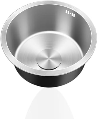 Mini évier inox,Evier de cuisine rond - Petit évier de cuisine - 1 bac - Argenté- Avec tuyau d'évacuation - Type de montage:installation par le haut et la base (Ø 30cm)