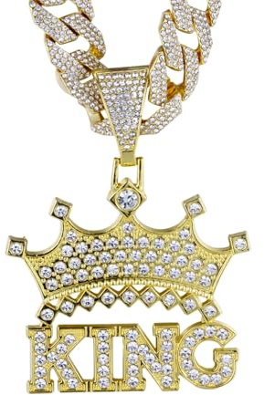 HALUKAKAH Collana Corona King di Diamanti da Uomo,Placcato in Vero Oro 18K,Pendente con Lettere 3D e Diamanti di Laboratorio Incastonati,15mm Catena Cubana 50cm,Regalo per Marito,Figlio,Fidanzato
