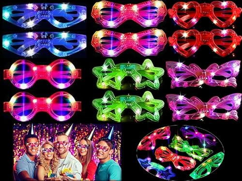 Abiyou Occhiali LED, 12 Pezzi Festa Occhiali Luminosi, Neon LED Occhiali Party, Luminosi Glasses, Neon Rave Occhiàli, Occhiali da Festa LED per Fèste, per Feste, Feste di Compleanno (6 Stili)