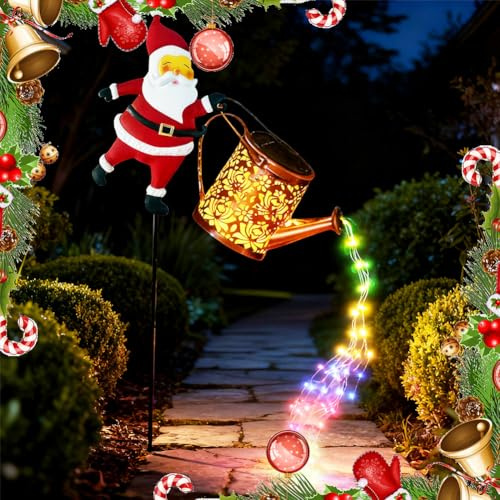 Genérico 2026 Nuevo Regadera Solar Navideña con Luces de Papá Noel, Regadera Colgante Metálica Impermeable con Luces LED de Hadas, Decoración para Jardín, Césped, Patio o Terraza (1set)