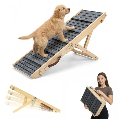 Hunderampe aus Holz, Hundetreppe Hunderampe Klappbar für Sofa, Bett oder Auto, 4-stufig höhenverstellbar 23–45cm,Tragbare Hundeleiter Höhenverstellbar Haustiertreppe mit Anti-rutsch Teppich, bis 50 kg