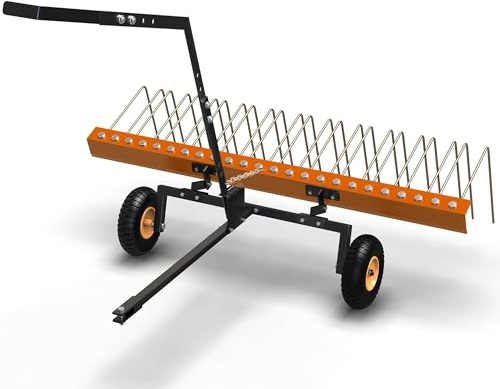 Tow Behind Landscape Rake, 60 Tow Dethatcher with 24 Durable Spring Steel Tines Lawn Dethatcher Rake for ATV or Mower Attaches to 48 or 60 Toolbars and 3-Point Suspension Systems , for Leaves,Grass