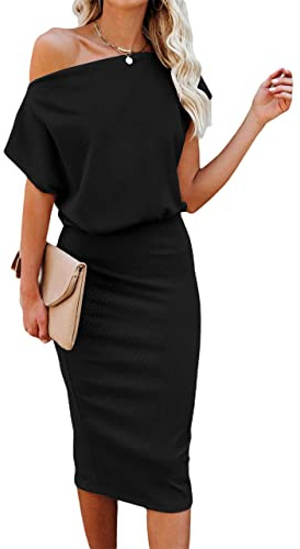 LEEDYA Summer Off the Shoulder Dresses for Women 2026 Short Sleeve Ruched Bodycon Cocktail Party Knit Mini Dress Black L