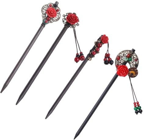 4 Piezas Palos Chinos Para El Pelo, Horquillas De Madera Para El Pelo Chino Japonés Estilo Vintage, Borla de Flores