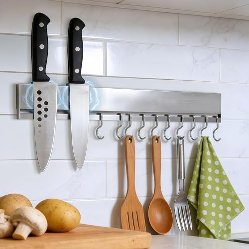 Magnetic Knife Holder for Wall, 16 Inch Stainless Steel Magnet Strip with 10 Hooks, No Drill Adhesive Tape & Screws, Kitchen Utensil Organizer, Wall Mounted Knife Storage | Kitchen Utensil Organizer, Wall Mounted Knife Storage With 10 Hooks, No Drill Adhesive Tape & Screws, Multipurpose Knife Rack
