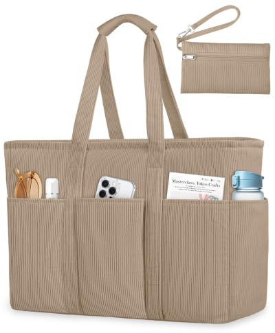 Cord Handtasche Damen Groß Strandtasche XXL Familie Shopper Tasche Tote Bag | Große Saunatasche Damen mit Reißverschluss, Wasserdicht Vielseitige Tote Bag Badetasche für Pendeln Einkaufen Reisen-Khaki