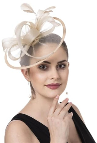 KMGDM Fascinator-Hut mit Federn, atmungsaktiv, mit Stirnbändern und Clip, für Themen-Events, Cocktails, Hochzeitskostüme, Fascinator-Hut für Damen, champagnerfarben, Einheitsgröße