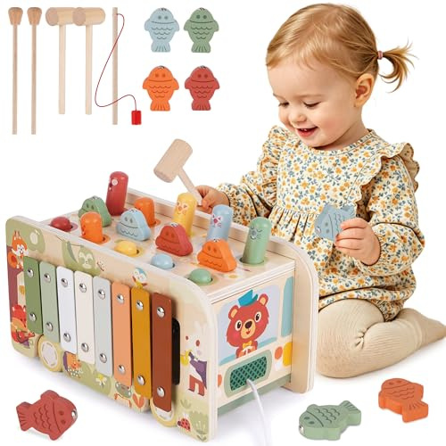 Melofaver Baby Montessori Spielzeug ab 1 2 3 Jahre, Sensorik Holzspielzeug | Music Kinderspielzeug Xylophon, Magnet Angelspiel, Hammerspiel Motorikspielzeug, Holzspielzeug Geschenk Mädchen Junge Kinder