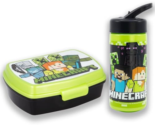 MARUKATSU Set Sandwichera y Botella Infantil 410ml para Colegio y Guardería | Porta Almuerzo Escolar Niño Niña | Fiambrera Infantil Reutilizable Libre BPA (Minecraft)