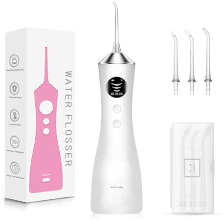 Water Flosser for Teeth Cordless, 300ML Portable Oral Irrigator with Screen Display, 3 Intensity Modes and 3 Flossing Tips, 60-Day Battery Life，IP68 Waterproof Dental Flosser for Home