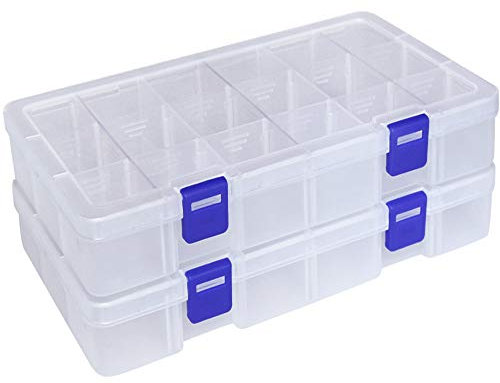 Qualsen Sortierbox für kleinteile, Plastik Aufbewahrungsbox Schraubensortierbox Einstellbar Fächer Sortimentskasten Schmuckschatulle Werkzeugcontainer (18 Raster X 2 Packungen, Transparent)