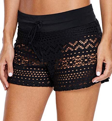 Ocean Plus Donna Eleganti Pantaloncini da Bagno con Boxer Gonna da Mare con Slip Interno Intimo Fondo Bikini in Pizzo Crochet Gonna da Nuoto (S (EU 34-36), Black)