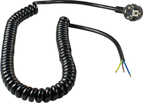 as - Schwabe câble de raccordement spiralé 1 m à 2,5  m H05VV-F 3G1,5-230  V / 16  A - fiche coudée avec Terre - câble Nu dénudé 60 mm - IP20 Usage intérieur - Haute fiabilité - Noir, 70424