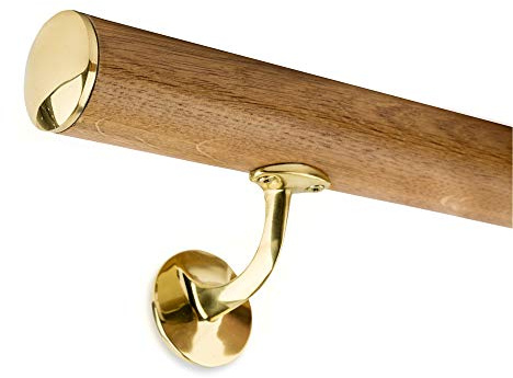 Handlauf Set Holz Eiche 45mm rund inkl. Messingkappe und 2 Halter (170 cm)
