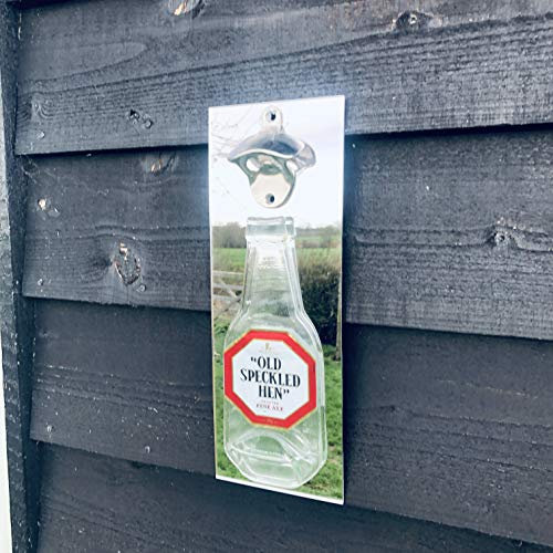 Old Speckled Hen Beer Bottle Opener, Wall Mounted on Mirrored Acrylic Backing. Made in UK.