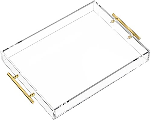 NIUBEE Plateau de Service Transparent 30,5 x 40,6 cm – Anti-déversement – Plateau décoratif en Acrylique pour Table Basse ottomane avec poignées Rondes