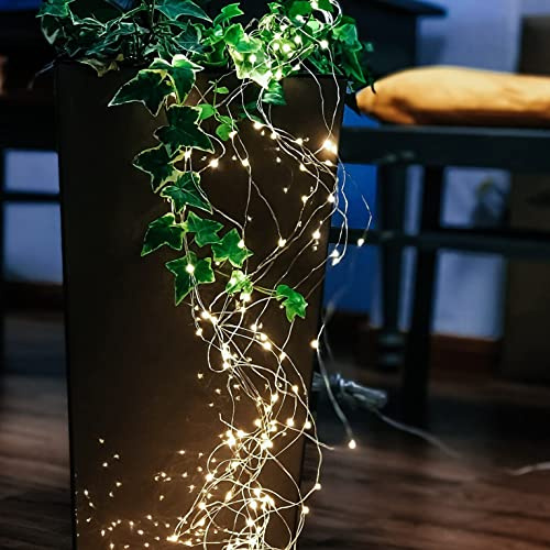hellum LED Lichterkette außen Girlande, 2m beleuchtet, Timer & Trafo | LED Girlande außen mit 576 Tauperlen LED warmweiß, 36 Stränge je 5m beleuchtet, silbernes Kabel, für Garten <59lm 577488
