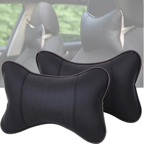 YUEMING 2 Piezas Almohada Cuello del Coche, Cuero PU Suave Transpirable Almohada Cervical Coche, Viaje Asiento de Coche Cojín para Apoyo del Cuello del Reposacabezas (Negro1)