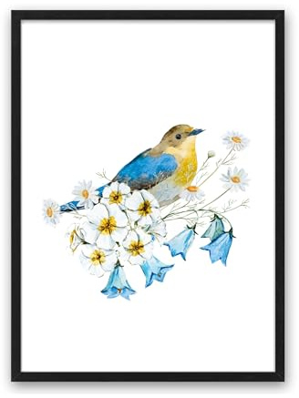 Din A4 Kunstdruck ohne Rahmen - Süßer Vogel - Blumen Glockenblume Romantik Landhaus Aquarell Blau Druck Poster Bild