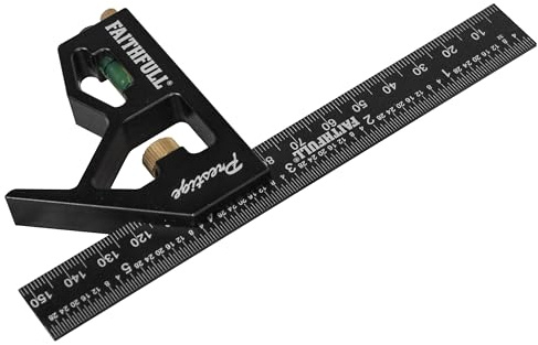 Faithfull Prestige Kombinationswinkel, Schwarz, Aluminium, 150 mm (6 Zoll) – Multifunktionales Mess- und Anreißwerkzeug mit Wasserwaage und Anreißnadel für Holz- und Metallbearbeitung