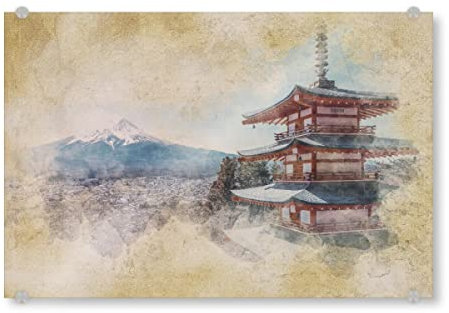 artboxONE Acrylglasbild 45x30 cm Natur Japanisches Aquarell Bild hinter Acrylglas - Bild aquarell Berg bildende Kunst