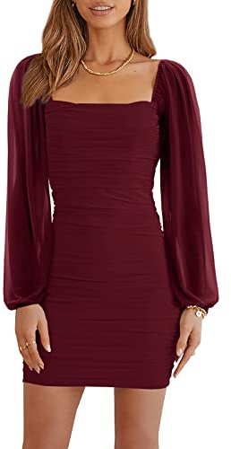 Wenrine Robe pour femme Cocktail de fête, club, Bodycon pour mariage, invitée, maille, manches longues, col carré, mini, coupe ajustée, Bordeaux, S