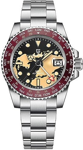Pagani Design Hombres GMT Automático TMI NH34 PD1758 Japón Movimiento Cristal de Zafiro AR+AF Reloj resistente al agua(Mapa Rojo-58)