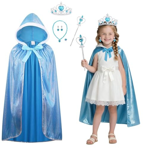 Costume da principessa, mantello con cappuccio, da donna, per Halloween, Natale, compleanno, giornata mondiale del libro, include orecchini, collana, scettro, corona e anello (blu, 140 cm)
