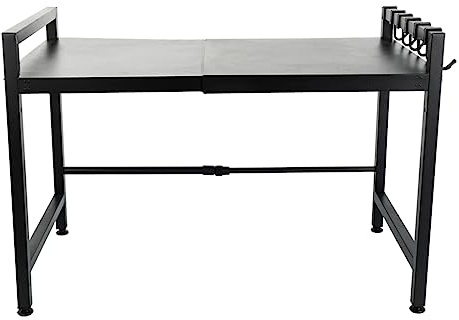 BAOYOUNI Microwave Oven Rack Stand Extendable Over Toaster Baker Shelf Metal Bathroom Kitchen Storage Organizer with Hooks for Cabinet, Counter, Under Sink - Adjustable Width & Layer Height - Black