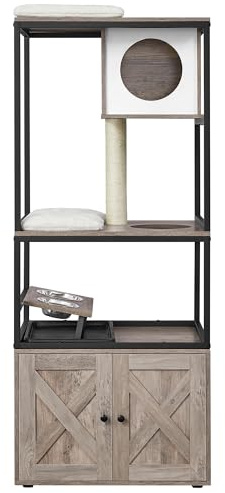 Feandrea Kratzbaum, Katzenbaum, Katzenhaus mit Katzenklo-Schrank, erhöhter Napfständer, Sisalstamm, waschbare Kissen, Greige PCT312G01 | Erhöhte Futternäpfe, Kratzpfosten aus Sisal, waschbare Matte, Grège meliert und cremeweiß, Kollektion HAINS, PCT312G01