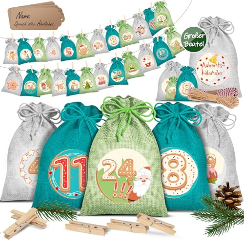 KESSER® Adventskalender zum Befüllen 24 Jutebeutel 14 x 10 cm Gedruckte Stoffbeutel Kinder Weihnachtskalender zum Selber Befüllen Inkl.. 24x Schildchen + 1 Großer Aufbewahrungsbeutel Stoff