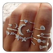 INENIMARTJ Boho Rings for Women,Dainty Silver Rings Trendy Silver Stacking Ring Set Vintage Knuckle Stackable Moon Star Heart Flower Leaf Top Finger Rings Christmas Stocking Stuffers for Women