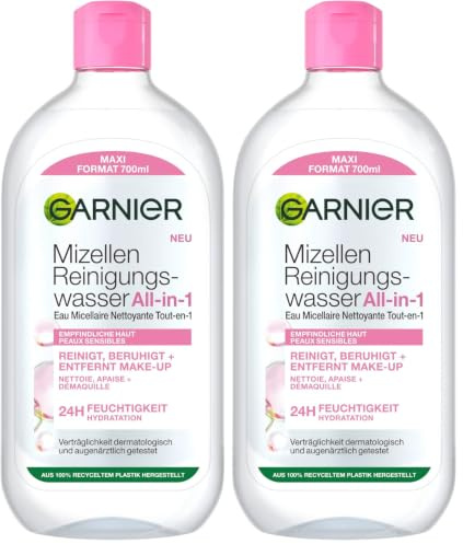 Garnier Mizellen Reinigungswasser, Für eine sanfte Reinigung und schonendes Abschminken, Beruhigendes und feuchtigkeitsspendendes Gesichtswasser, SkinActive, 1 x 700 ml (Packung mit 2)