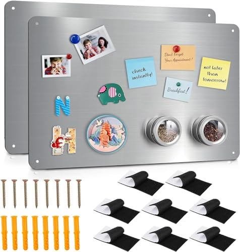 Lawei 2 Pack Stainless Steel Magnetic Board, 43.5 x 30cm Magnet Bulletin Board Magnetic Notice Memo Board to Display Notes, Photos, Spice Jars, Suitable for Refrigerator, Home Office Kids Bedroom
