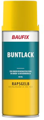BAUFIX Sprüh und Effektlack, Buntlack Spray rapsgelb, hochglänzend, 400 ml, DIY Lack, Dekorieren von Glas Metall und Holz