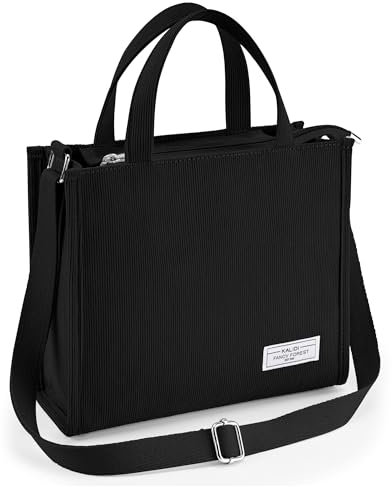 KALIDI Corduroy Tote Bag for Women,Multi-Pocket Black Tote Bag with Zip,Large Handbag with Compartments,Black Crossbody Work Bag with Adjustable Shoulder Straps for Women Work,School,Travel-L