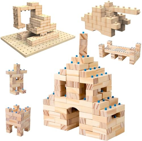 fisca Holzbauklötze - (300 Teile) ab 3 Jahr - Bauklötze Holz für Kreativität & Fantasie,Montessori Pädagogisches Holzbausteine Kinder Spielen - Verbesserung von Feinmotorik & Koordination