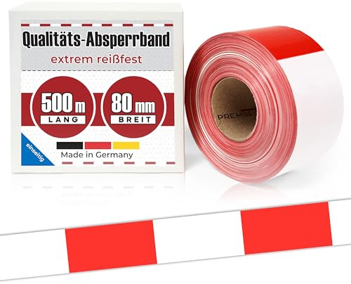 PremSecure Absperrband 500m x 80 mm Flatterband rot weiß einseitig bedruckt Baustelle Feuerwehr Polizei im Karton extrem reißfest 35 µm Baustellenband rotes Warnband
