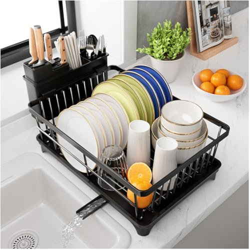 PurKeep Escurreplatos – Escurridor de Platos Que Ahorra Espacio con Soporte para Utensilios para encimera de Cocina, escurridor de Platos de Gran Capacidad con escurridor, Color Negro