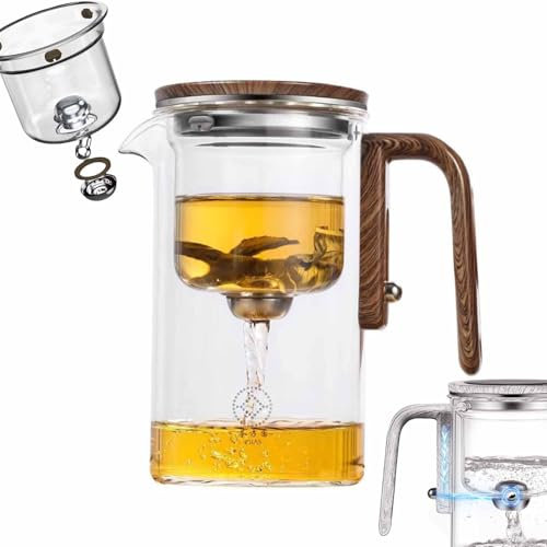 Water Separation Glass Teapot with Wooden Handle, Clear Teapot for Loose Tea Witchcraft Teapot, Press Control Magical Teapot Glass, Glass Teapot with Strainer (L)