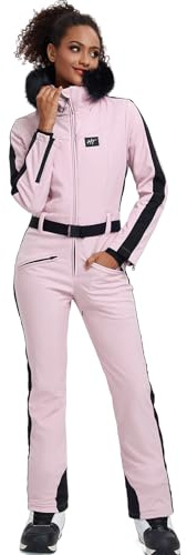 ALSOGO Traje de esquí para mujer de una pieza Traje de nieve aislado impermeable resistente al viento Trajes de nieve con cuello de piel desmontable, Rosa., M