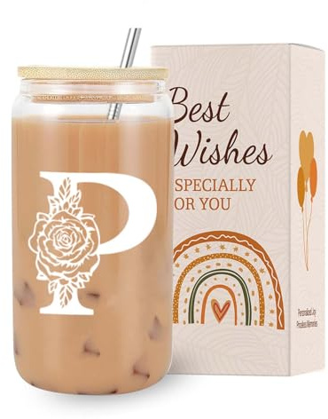 VivaJoy A-Z Initial Personalised Birthday Gifts for Women - Monogrammed Gifts for Women,Initial Letter P,Glass Cups with Lids Straws, Christmas or Birthday Gifts for Her,Mum,Friend,Sister（Letter-P）