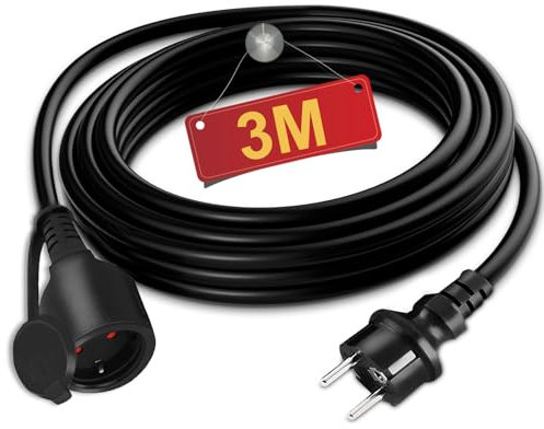 TEOV Verlängerungskabel Außenbereich 3M, mit Dichtungskappe und Berührungsschutz AC 16A 3500W 3G 1,5mm² IP44 Außen Gummi Verlängerungskabel